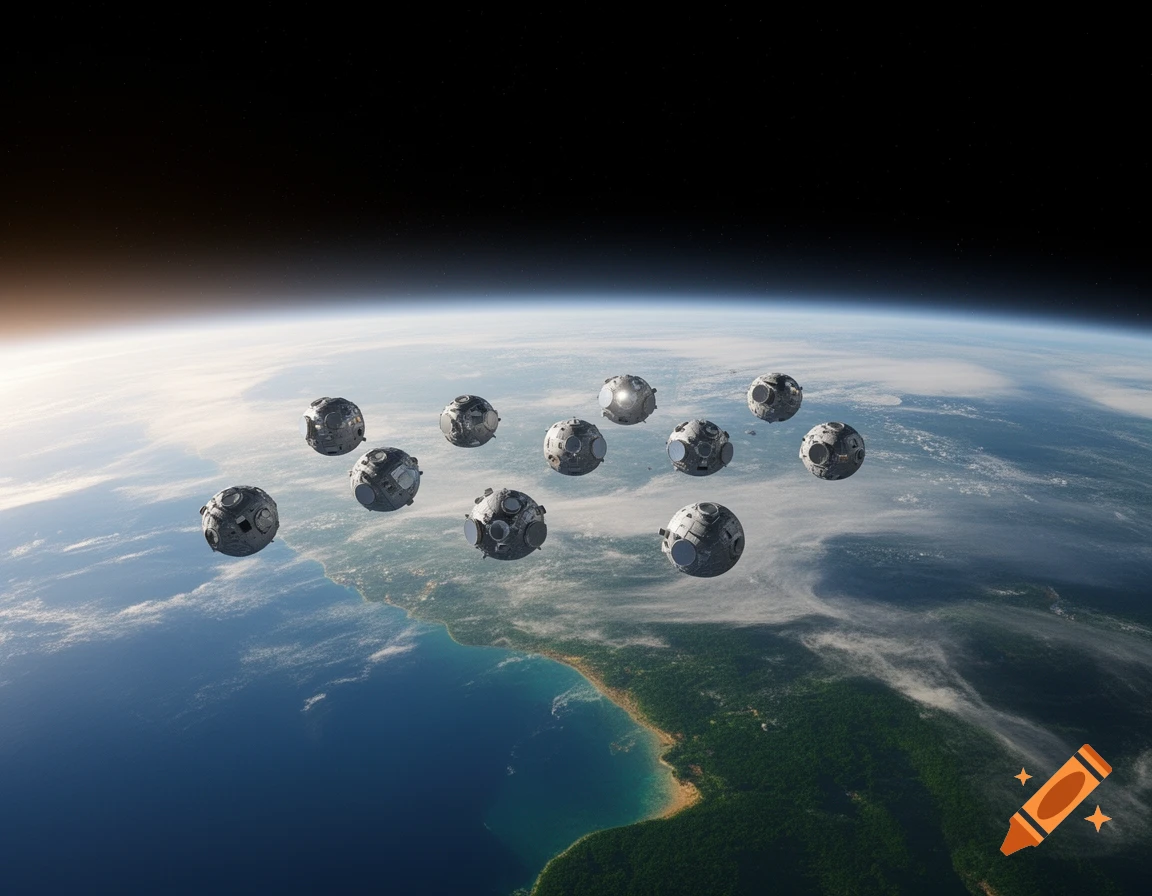 Eleven round satellites float above Earth with its blue oceans and green land visible, set against dark space.