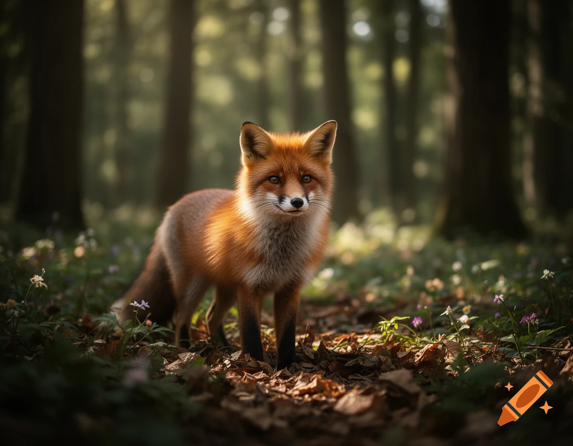 A photorealistic red fox with white and black markings stands among fallen leaves and small flowers in a sun-dappled forest.