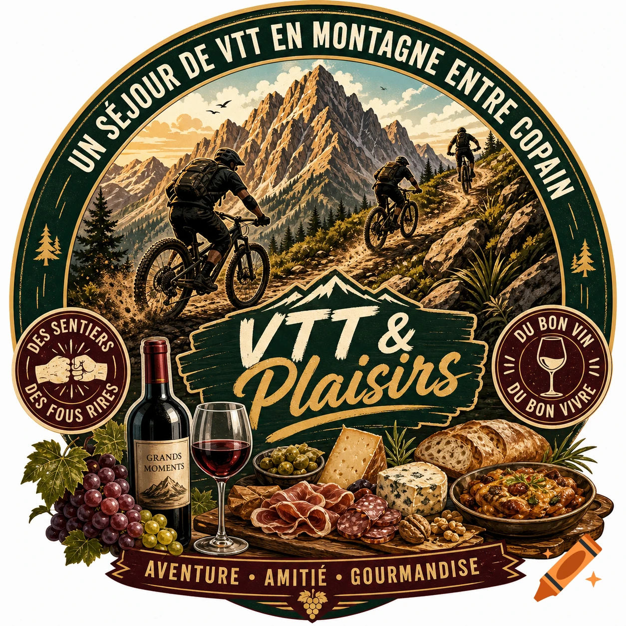 A circular logo for a mountain biking trip, featuring three bikers on a mountain trail, a spread of wine, cheese, and food, with text about adventure and friendship.