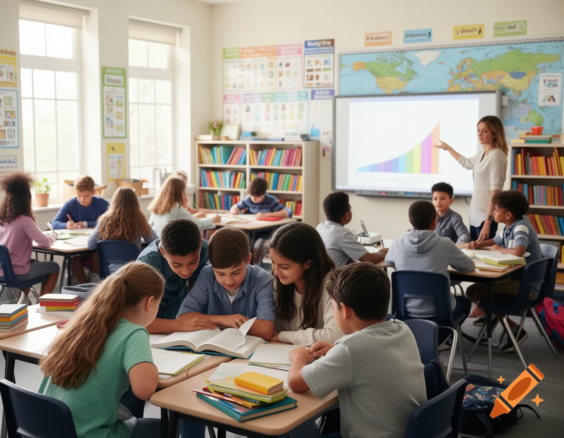 A diverse group of middle school students learning in a bright classroom with a teacher pointing at a chart on a smartboard.