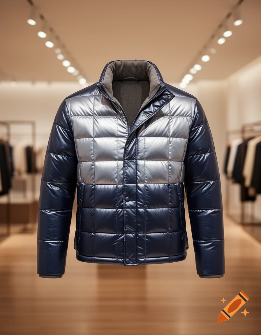 A shiny two-tone quilted puffer jacket, navy blue on the bottom and silver on top, displayed in a store.