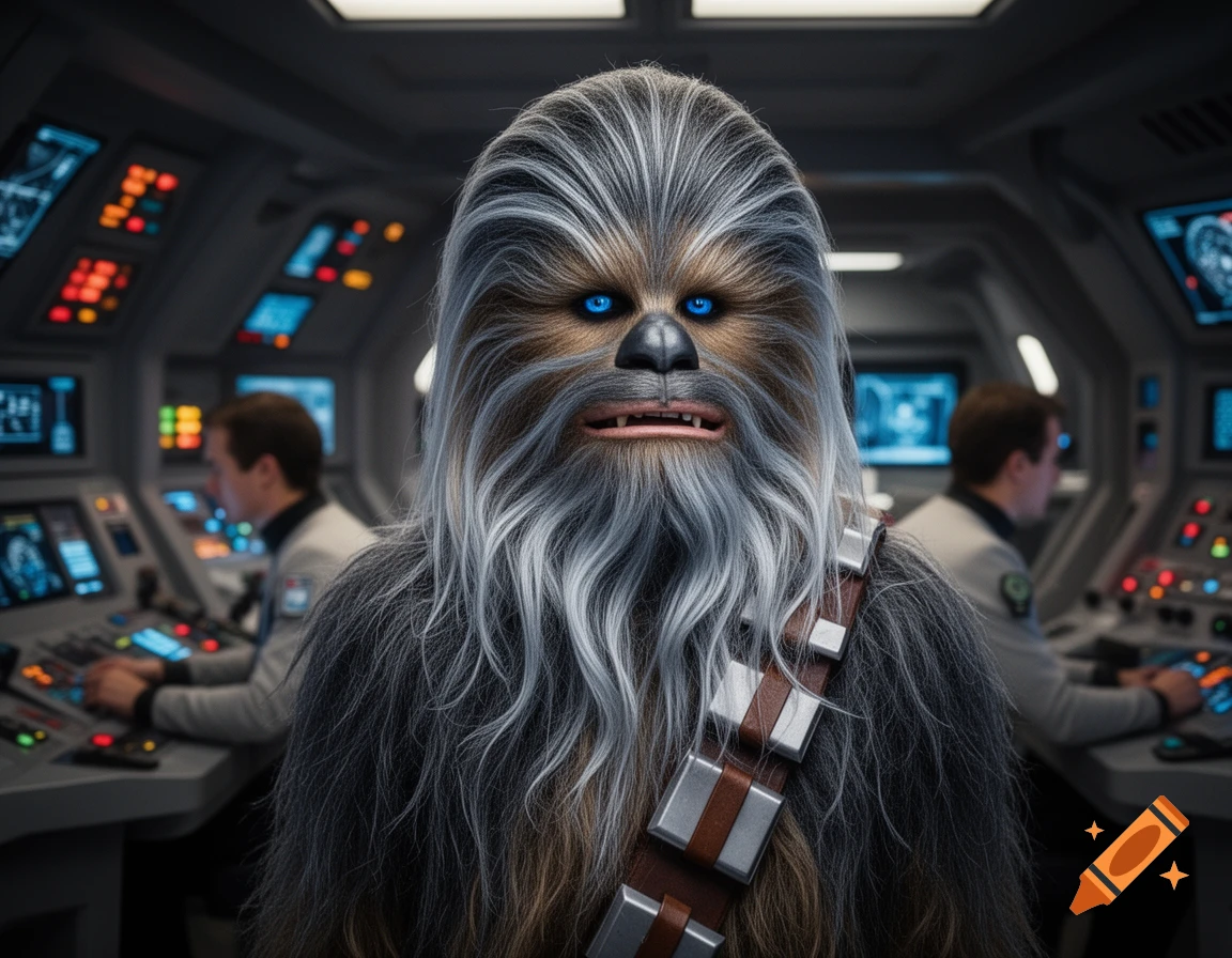 Photorealistic Chewbacca with grey fur and piercing blue eyes, wearing his bandolier, in a spaceship cockpit with blurred human crew.