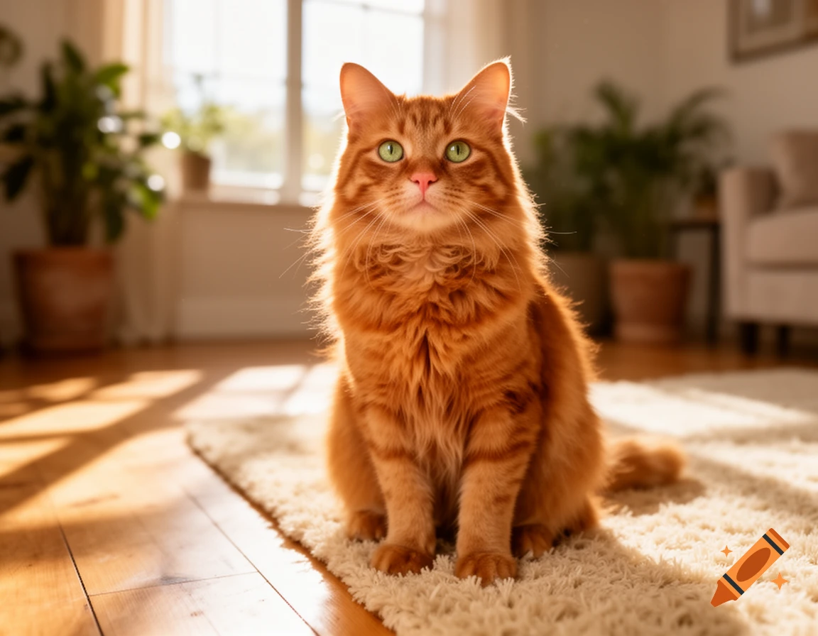A fluffy ginger cat with bright green eyes sits on a light rug in a sunlit room, looking at the camera.