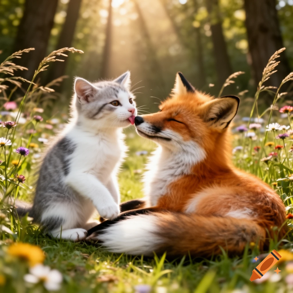 A small tabby kitten licks the muzzle of a red fox, both relaxing in a sunlit meadow with wildflowers.