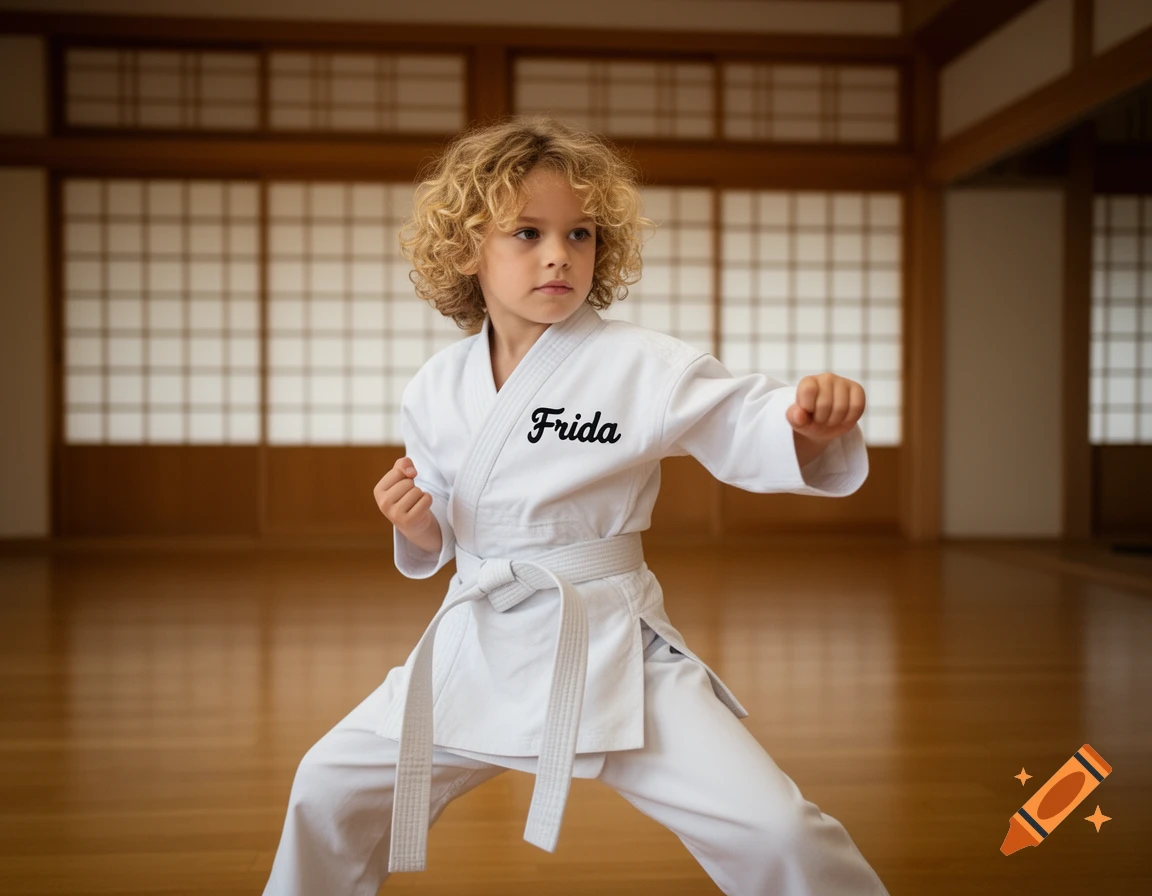 A young child with blonde curly hair in a white karate gi in a fighting pose, with "Frida" on the uniform, standing in a dojo.
