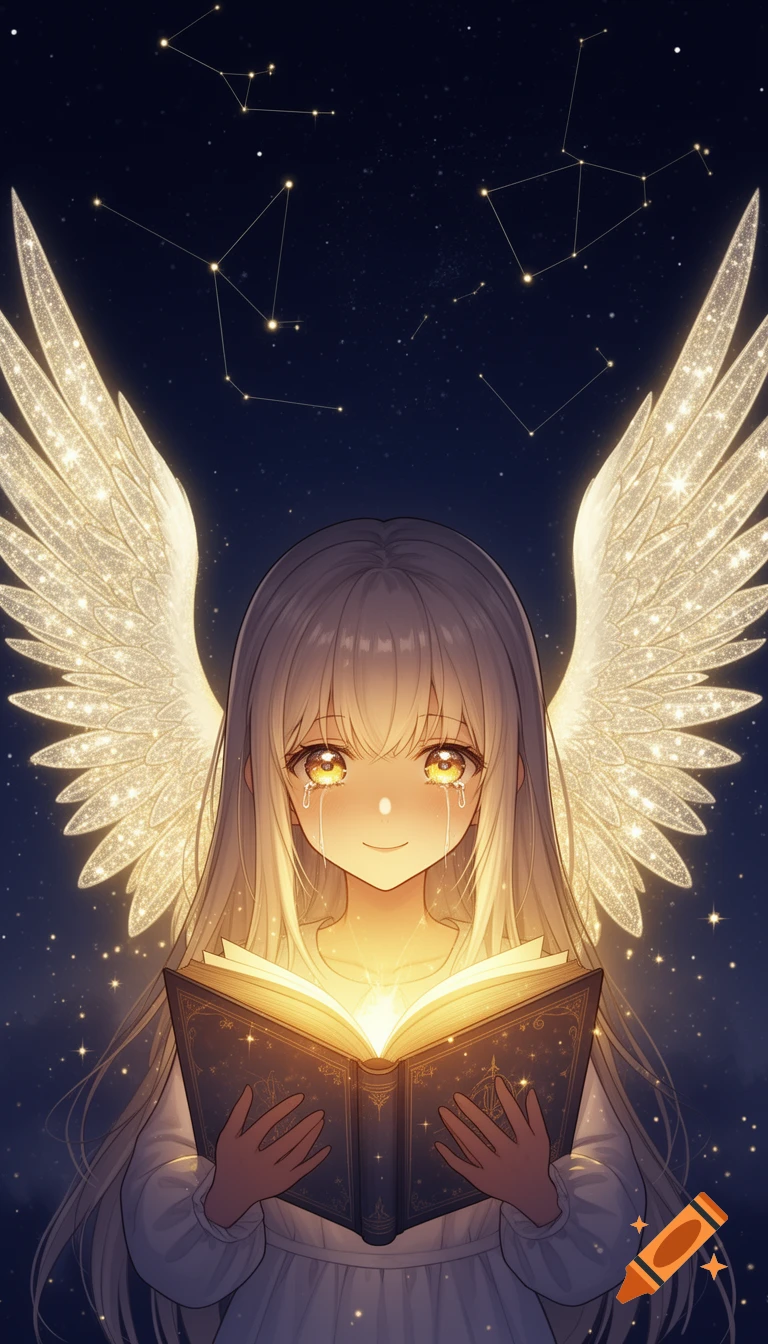 Anime girl with glowing angel wings holds a magical book, tears rolling down her smiling face against a starry night.