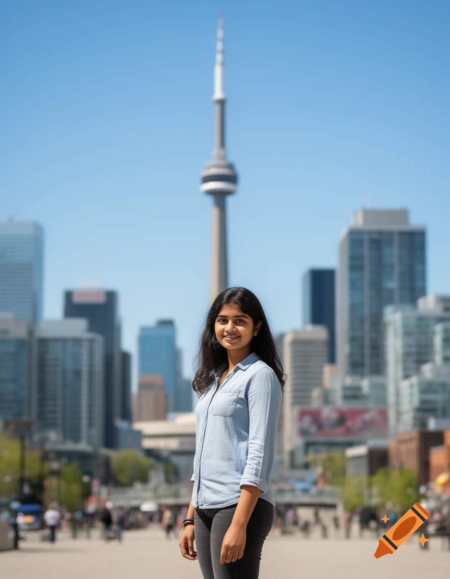 A young South Asian woman stands in a denim shirt and dark pants, smiling in front of the CN Tower and Toronto skyline.