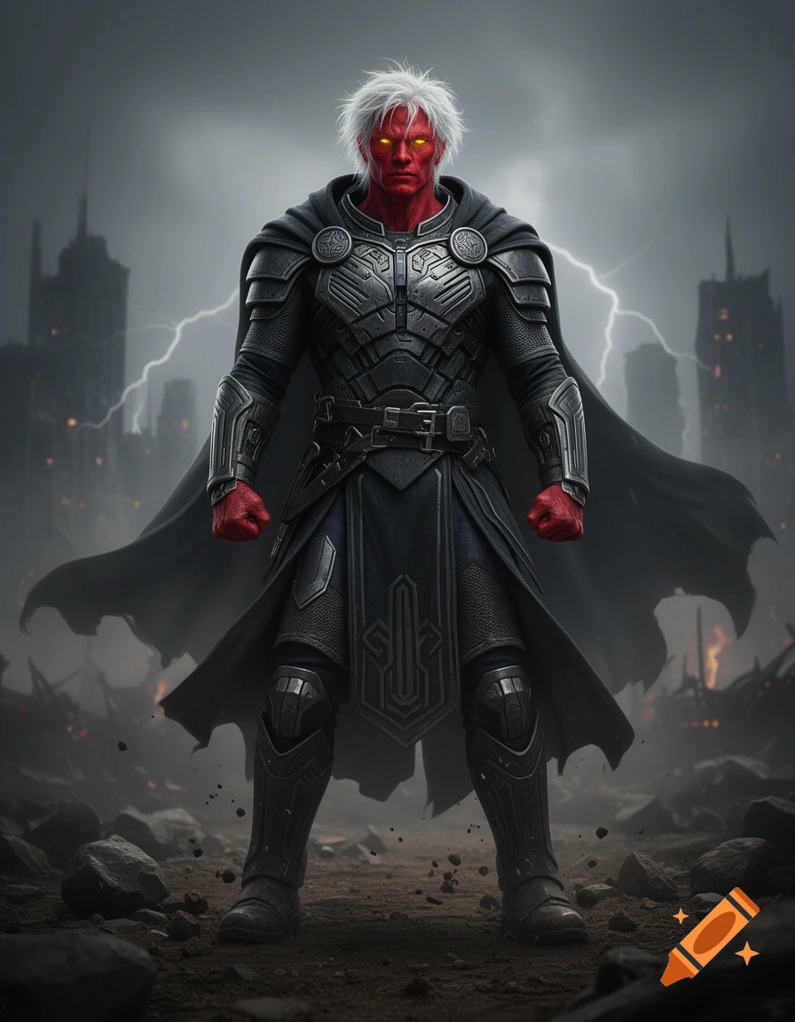 A red-skinned, white-haired warrior in dark armor stands amidst a destroyed city under a lightning storm.
