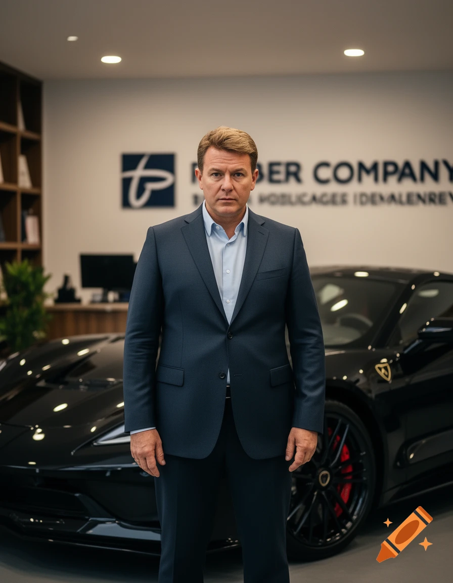 Photorealistic portrait of a man in a dark suit, standing in a modern showroom with a black sports car and a company sign in the background.