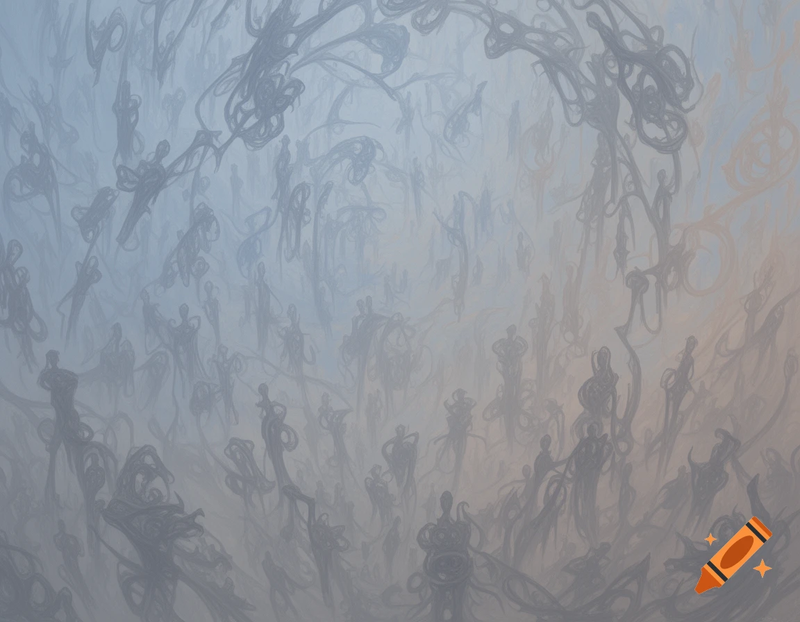 A hazy, abstract painting of numerous blending, warping silhouettes and shapes in pastel blue, grey, and light brown.