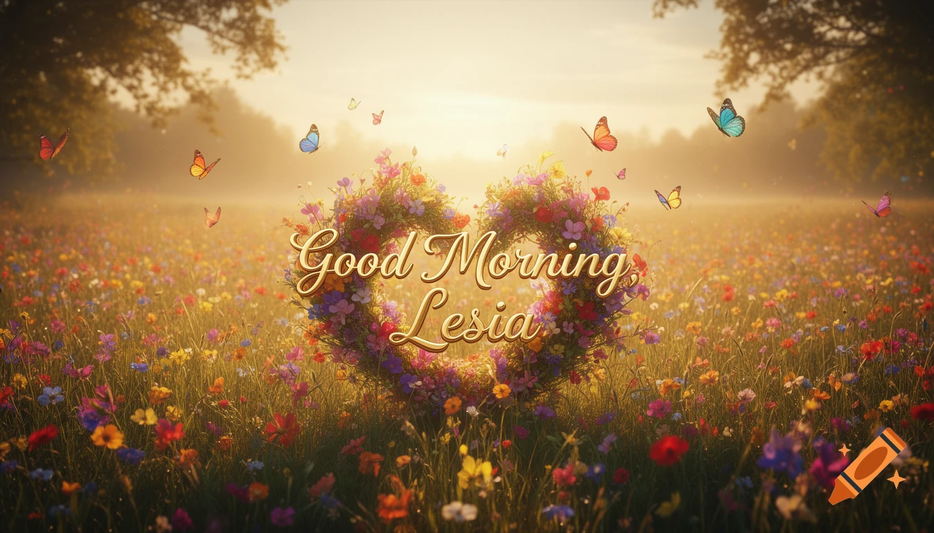 A golden meadow with wildflowers and butterflies, centered with a heart-shaped wreath of flowers and the text 'Good Morning, Lesia' at sunrise.
