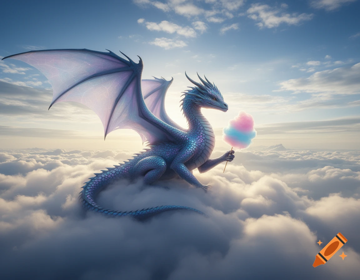 A majestic blue dragon with iridescent wings sits on fluffy clouds, holding a pink and blue cotton candy against a bright sky.