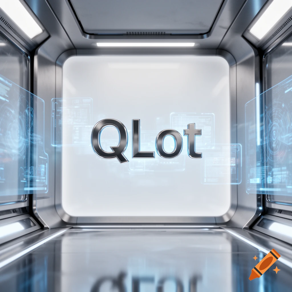 A metallic "QLot" logo displayed on a bright screen in a sleek, futuristic metallic room with glowing data panels.