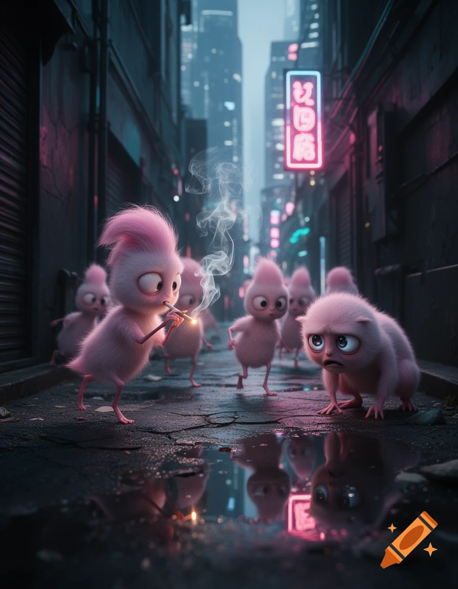 Pink fluffy creatures with large eyes in a dark cyberpunk alley, one smoking while others look on with concern and fear.