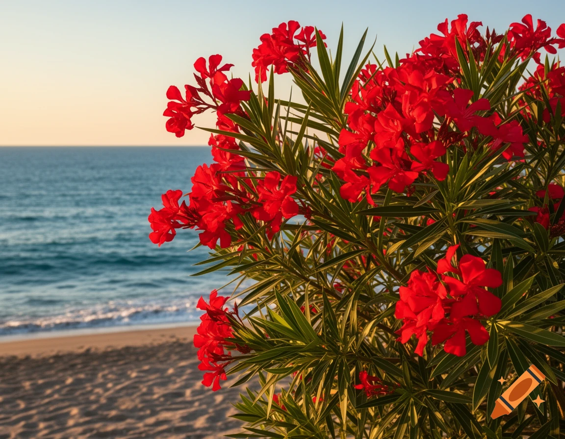 Vibrant red oleander flowers in the foreground of a sandy beach and blue ocean at sunset.