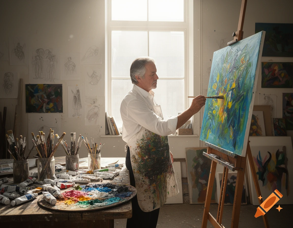 An elderly man in a white shirt and paint-splattered apron paints an abstract artwork on an easel in a sunlit art studio.