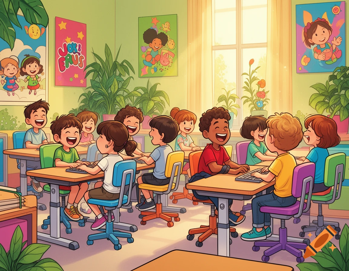 Diverse cartoon children laugh while sitting at colorful desks with keyboards in a bright classroom with plants and posters.