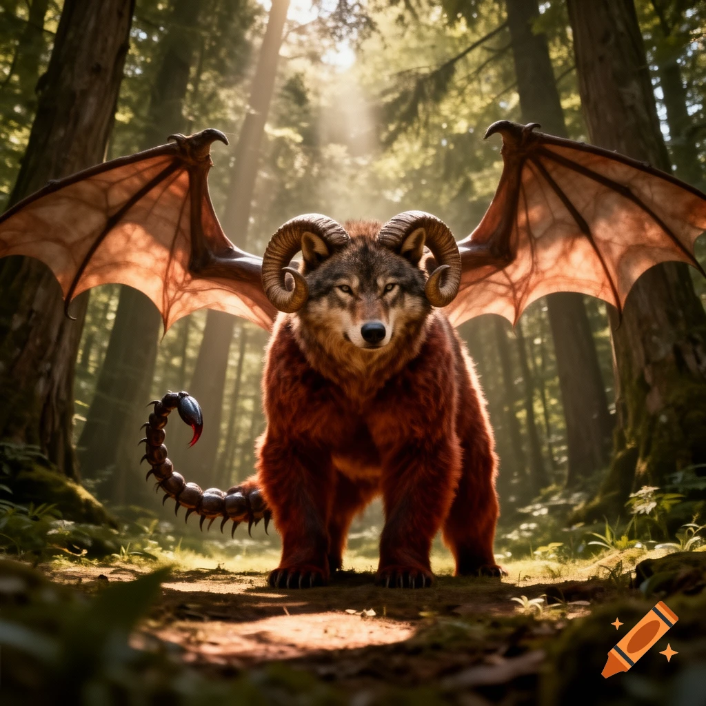 A fantasy creature with a wolf head, ram horns, bear body, bat wings, and a scorpion tail stands in a sunlit forest.
