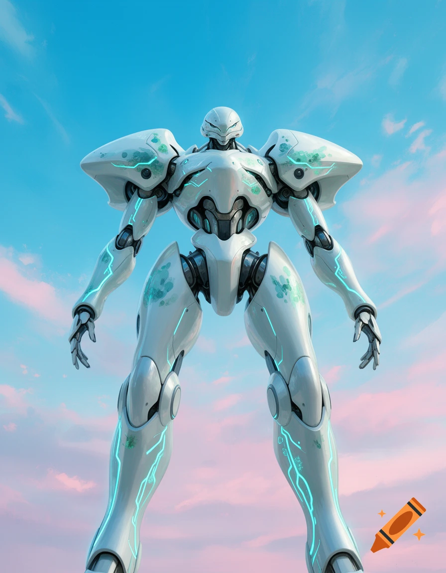 A majestic white mecha with glowing blue and green patterns stands against a soft blue and pink sky, in a 3D rendered style.