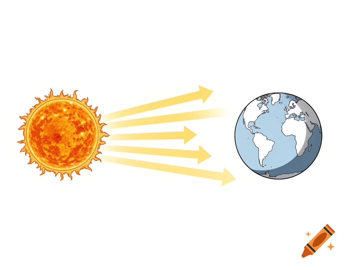 A minimalistic comic-style graphic showing the sun on the left emitting yellow light rays with arrows pointing towards Earth on the right.