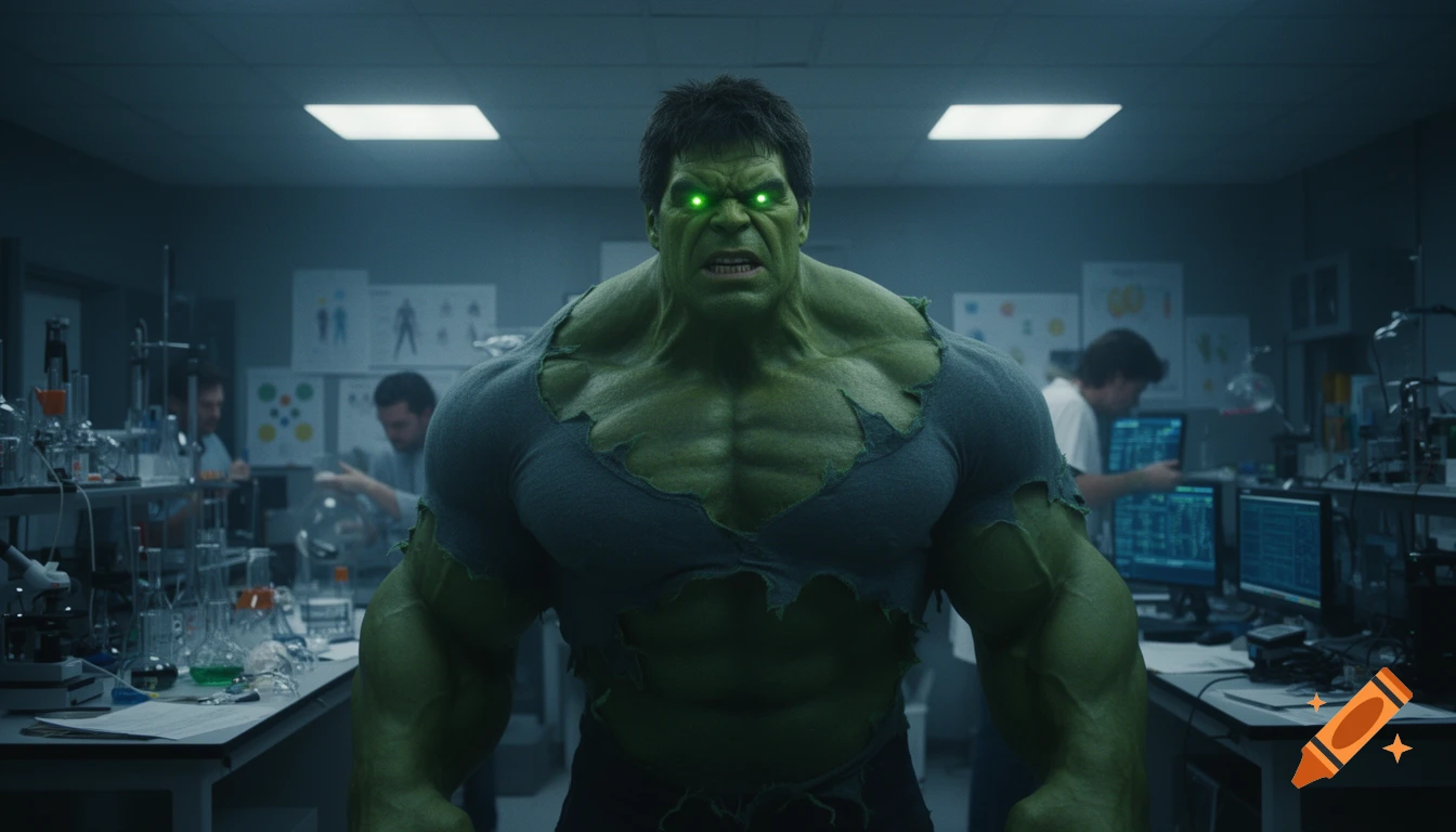 The Hulk, with glowing green eyes and a torn shirt, stands menacingly in a photorealistic science laboratory with scientists working in the background.