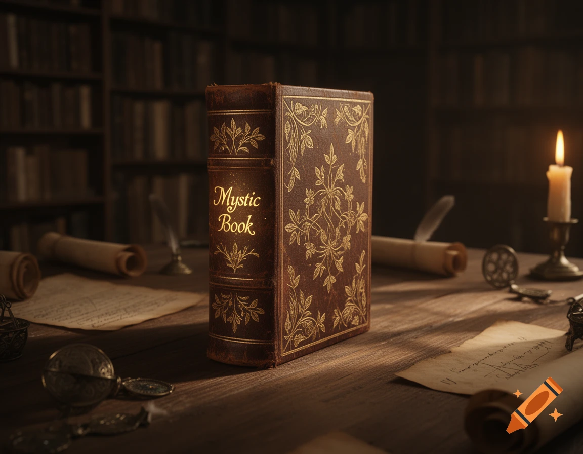 An ornate brown book titled "Mystic Book" stands on a wooden table in a dim library, surrounded by scrolls, a quill, and a lit candle.