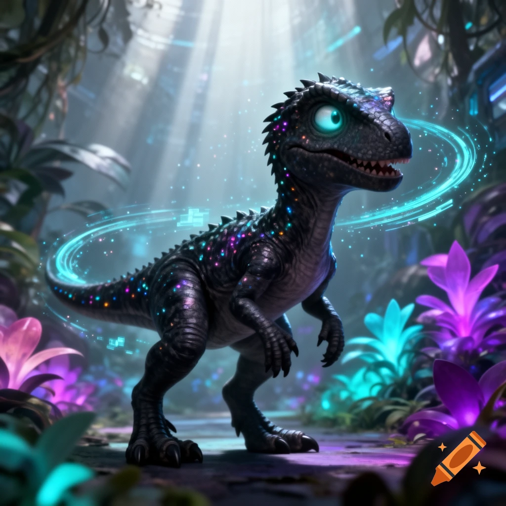 A stylized baby indoraptor with glowing spots and digital rings, standing in a fantastical jungle with luminous plants.