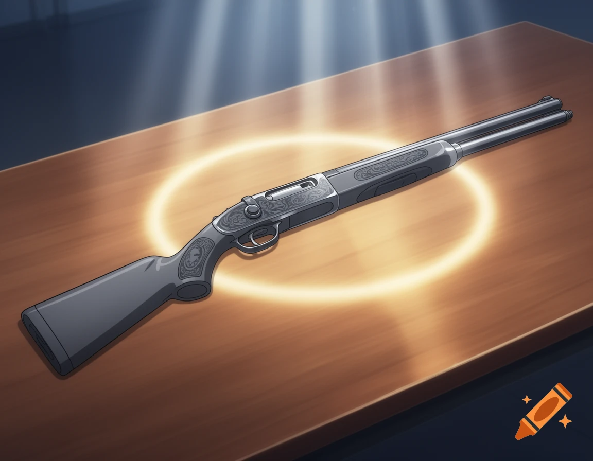 Anime style ornate rifle with a glowing halo on a wooden table.