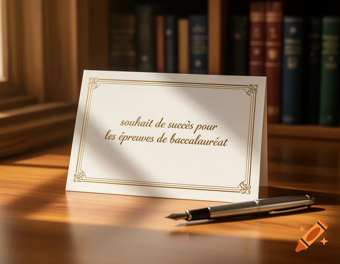 Greeting card with 'souhait de succès pour les épreuves de baccalauréat' text and a fountain pen on a wooden desk, bookshelf in background.