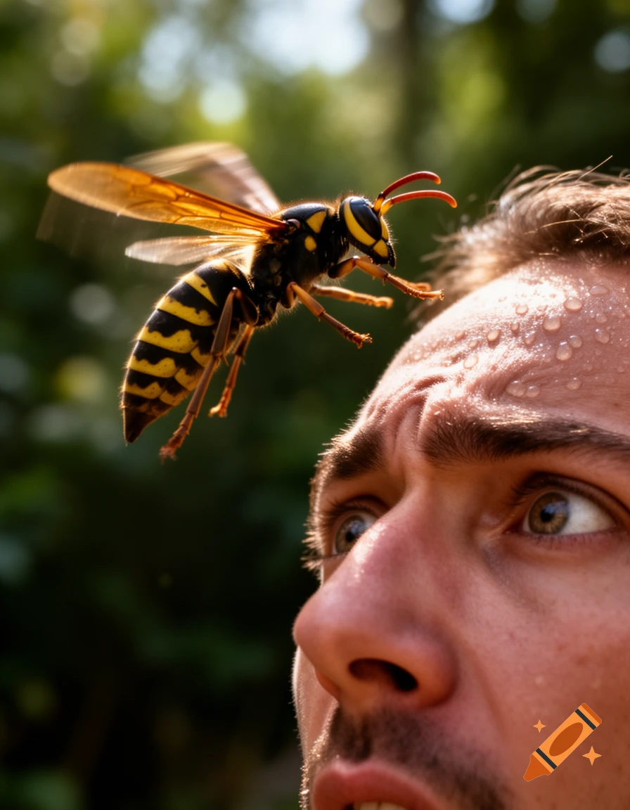 Close-up of a large yellow-and-black wasp flying near a startled man's sweaty forehead in a photorealistic style.