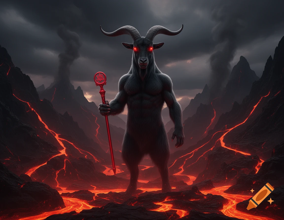 Muscular, goat-headed Baphomet with glowing red eyes holds a red scepter in a fiery volcanic landscape under a stormy sky, CGI.