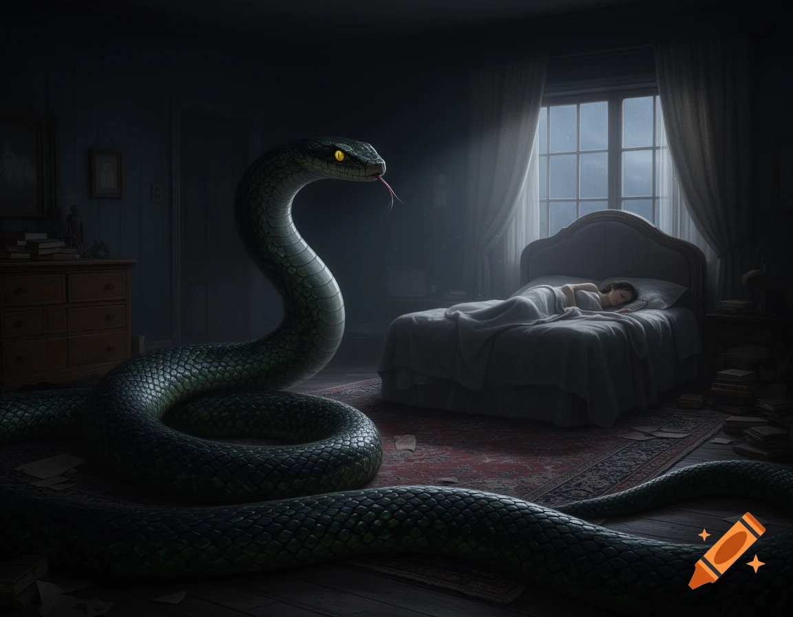 A massive green snake with glowing eyes looms over a sleeping person in a dimly lit bedroom at night, its body covering the floor.