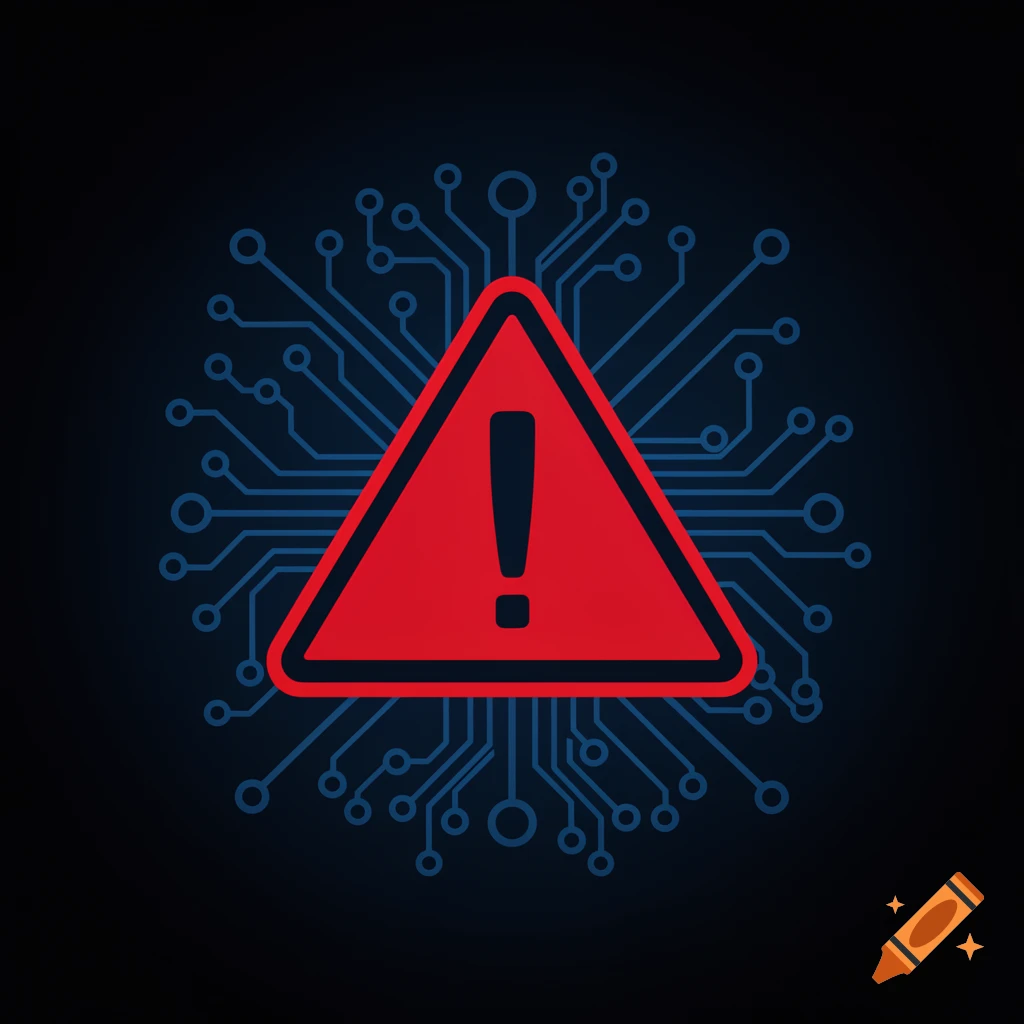 Red warning triangle with exclamation mark on a dark background with blue circuit lines, illustrating cybersecurity.