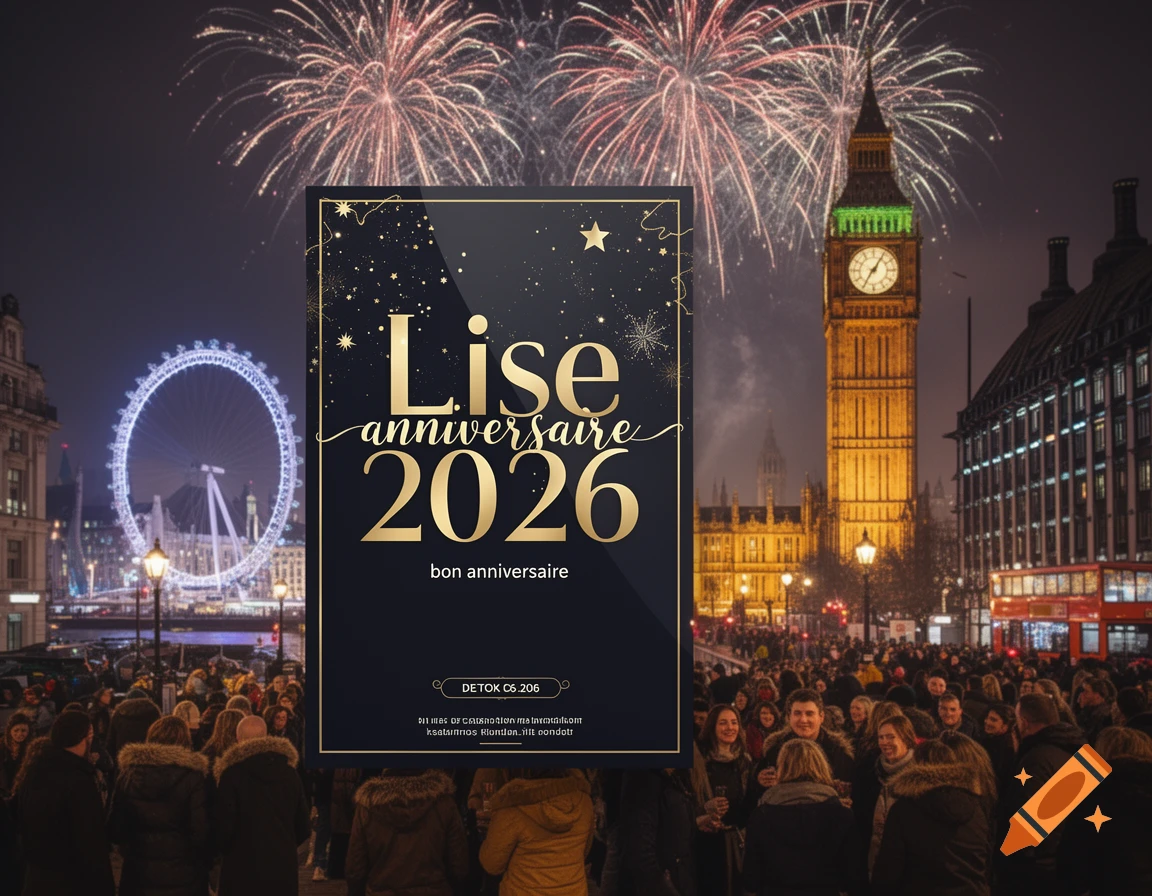 A festive night scene in London with Big Ben and the London Eye under fireworks, with a crowd of people. A dark blue and gold birthday flyer for "Lise anniversaire 2026" is superimposed in the foreground.