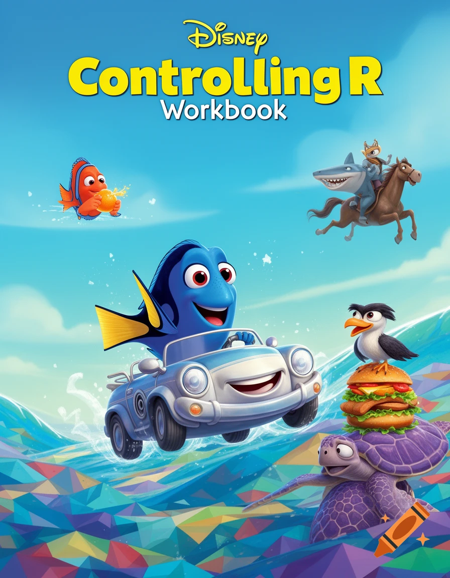 Disney Controlling R Workbook cover: Dory drives a car on geometric waves, Marlin eats an orange, a bird on a turtle eats a burger, and a shark rides a horse.