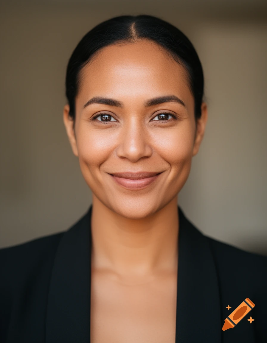 A close-up photorealistic portrait of a smiling woman with dark hair pulled back, wearing a black blazer.