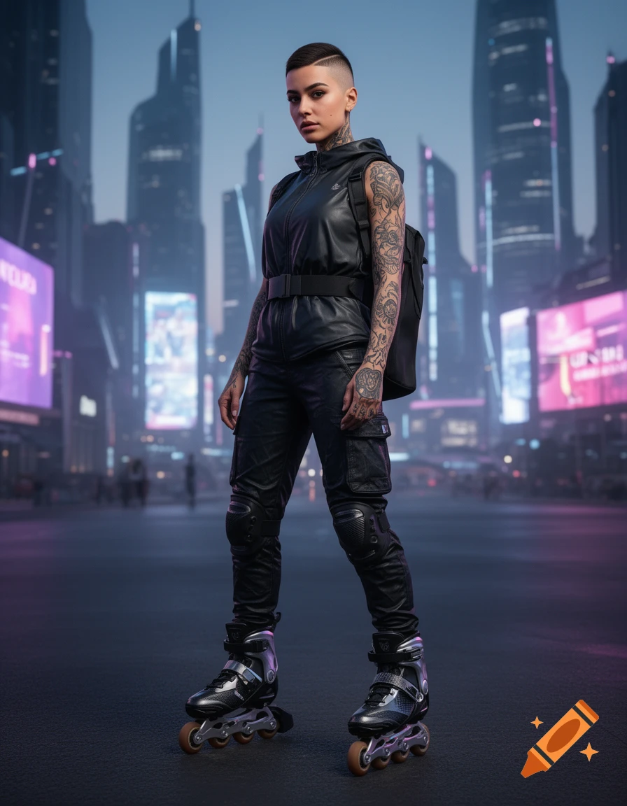 A young woman with an undercut and tattooed arms in black techwear and rollerblades stands in a futuristic city at night.