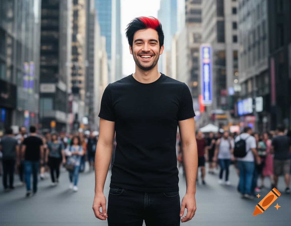 A smiling man with black and red hair in a black t-shirt stands on a busy city street, photorealistic style.