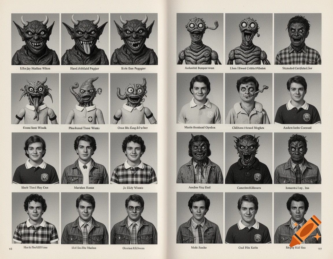 A vintage 1980s black-and-white yearbook page with a grid of twenty portraits depicting a chaotic mix of smiling demons, deranged puppets, and worm-like creatures in school clothes.