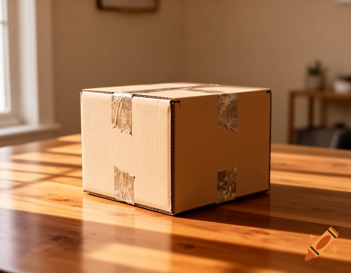 A plain brown cardboard box sealed with tape sits on a wooden table, with sunlight streaming in from a window.