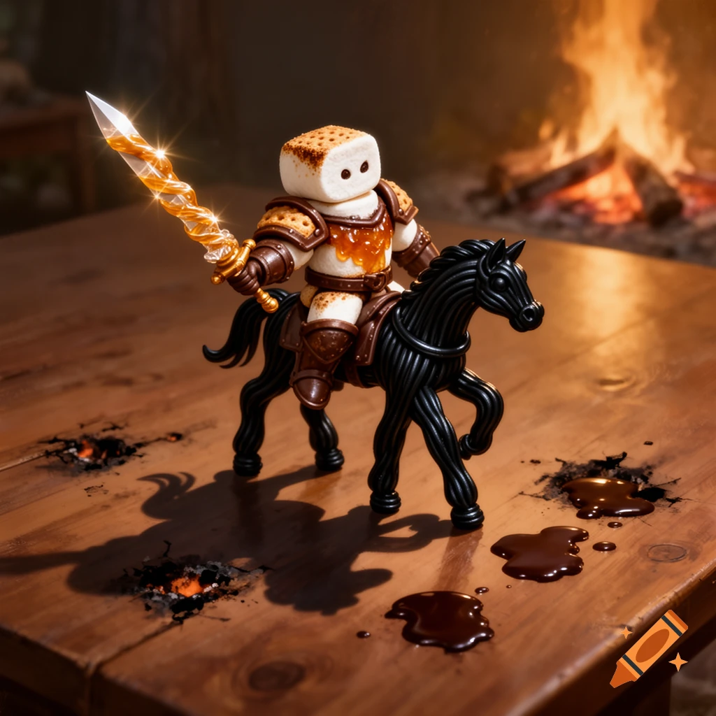 A marshmallow knight in chocolate armor with a glowing golden sword rides a black licorice horse on a wooden table with melted chocolate, in front of a fireplace.
