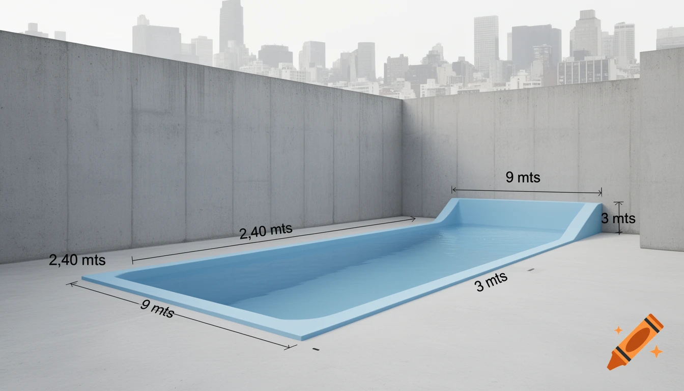 Photorealistic rendering of a light blue rectangular swimming pool with labeled dimensions against concrete walls and a city skyline.