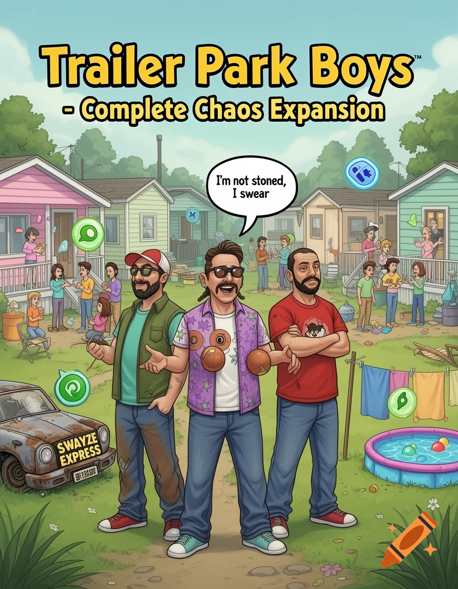 A cartoon poster featuring three men, styled like Sims characters, in a trailer park. Text reads "Trailer Park Boys - Complete Chaos Expansion" and a speech bubble says "I'm not stoned, I swear".