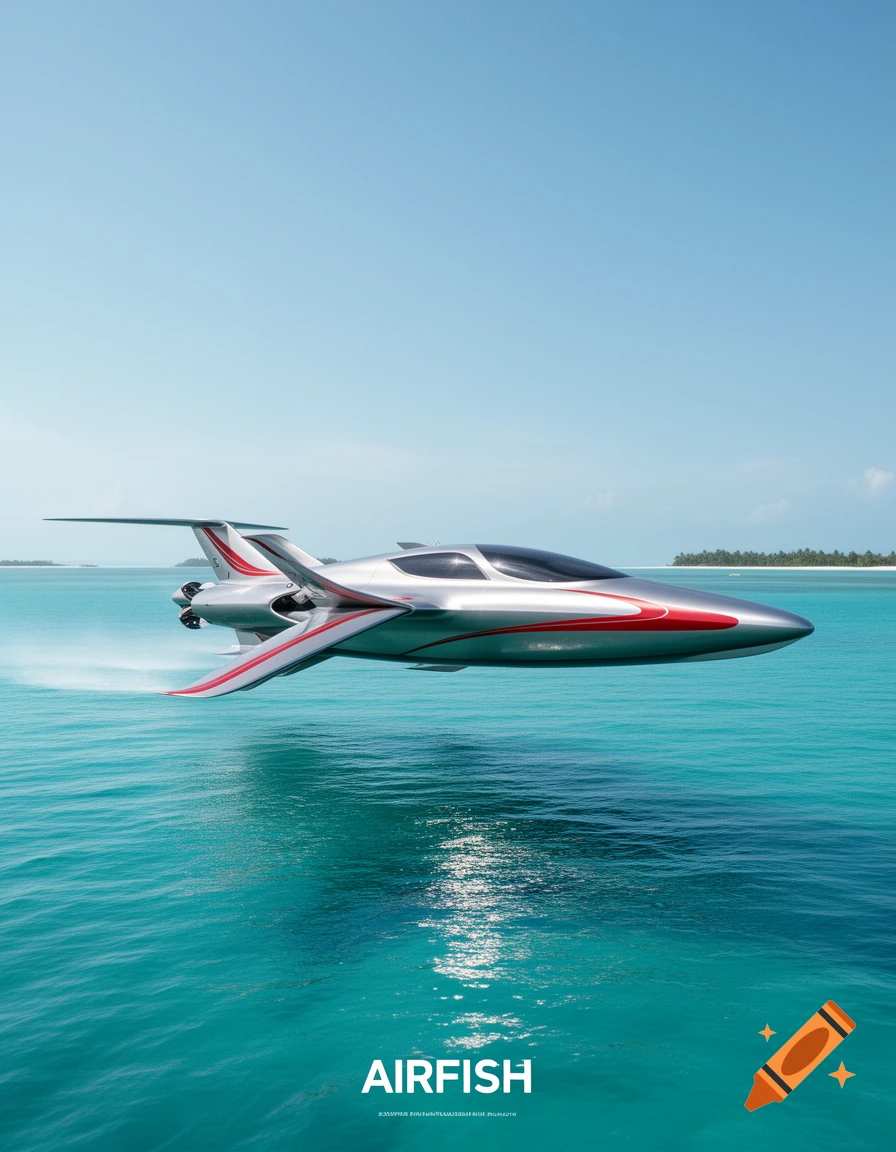 A sleek, silver and red futuristic jet-like boat speeds across calm turquoise water under a clear blue sky, with a distant tropical island.