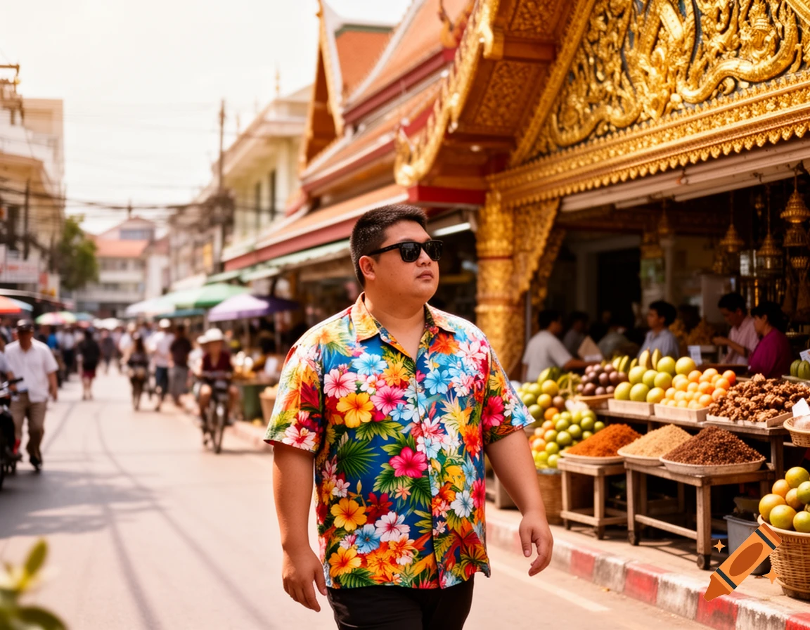 A man in a vibrant floral shirt and sunglasses walks down a bustling street market in front of an ornate golden building.