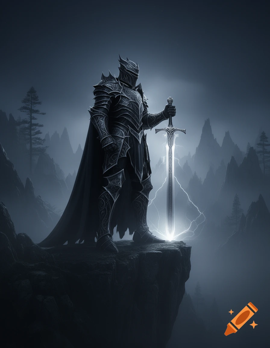 A dark knight in ornate armor stands on a cliff edge, holding a glowing sword with lightning, against a misty mountain backdrop.
