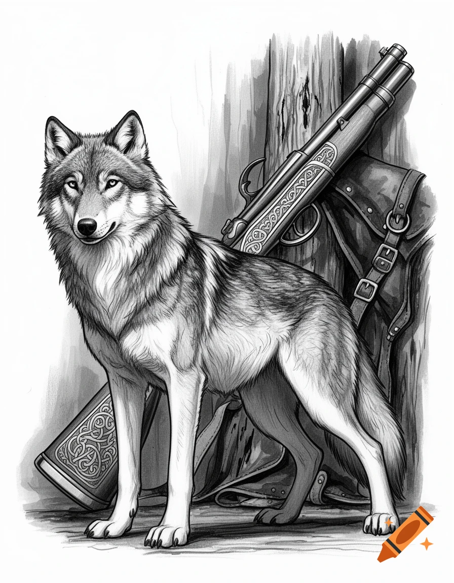 A detailed black and white illustration of a wolf standing beside a rifle, a leather bag, and a patterned book.