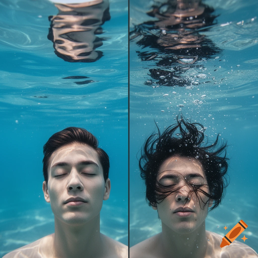 A split image showing a person's face underwater. On the left, their hair is neat; on the right, it floats around their face with bubbles.