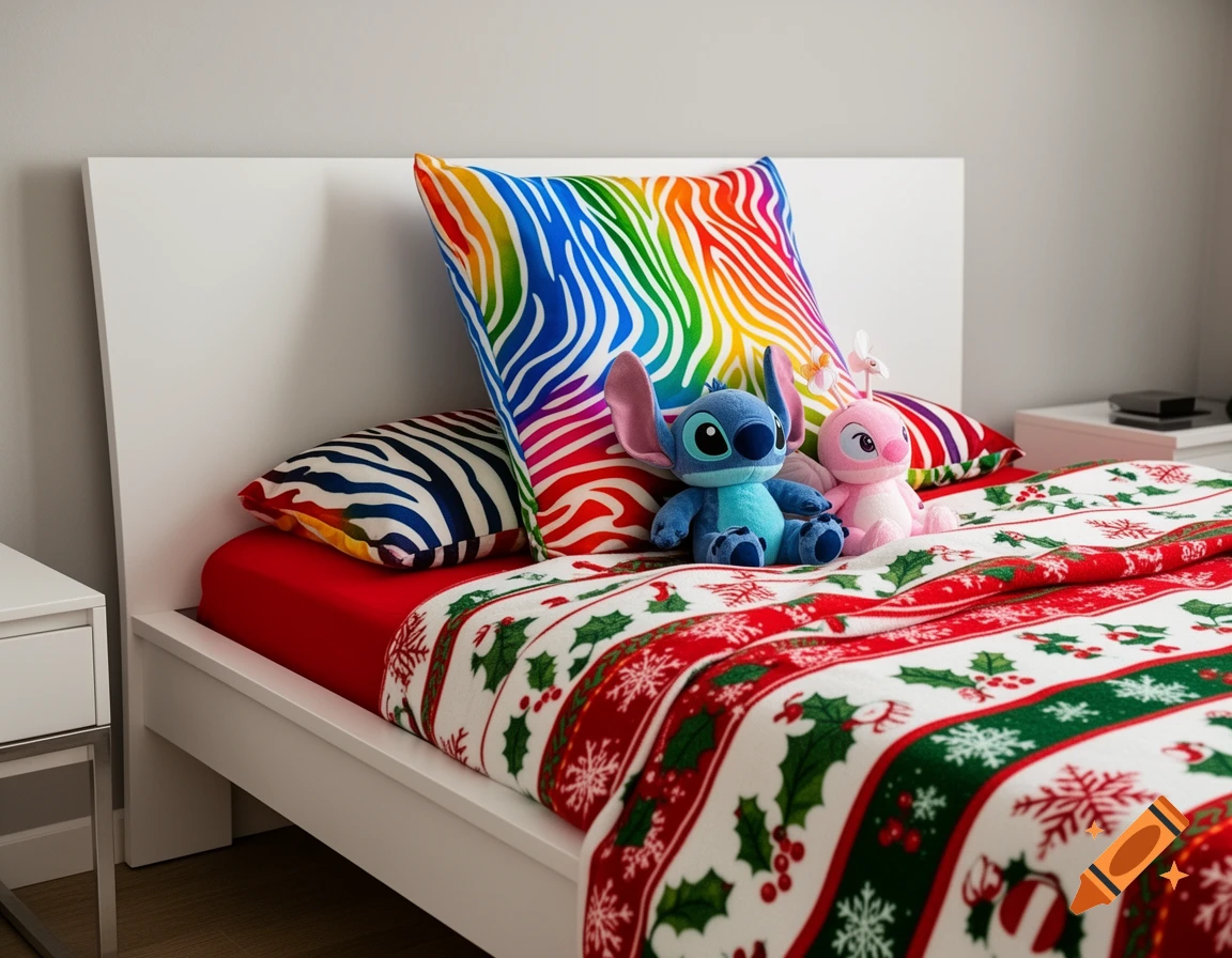 A white bed features a rainbow zebra pillow, a red and white Christmas blanket, and Stitch and Angel stuffed animals.
