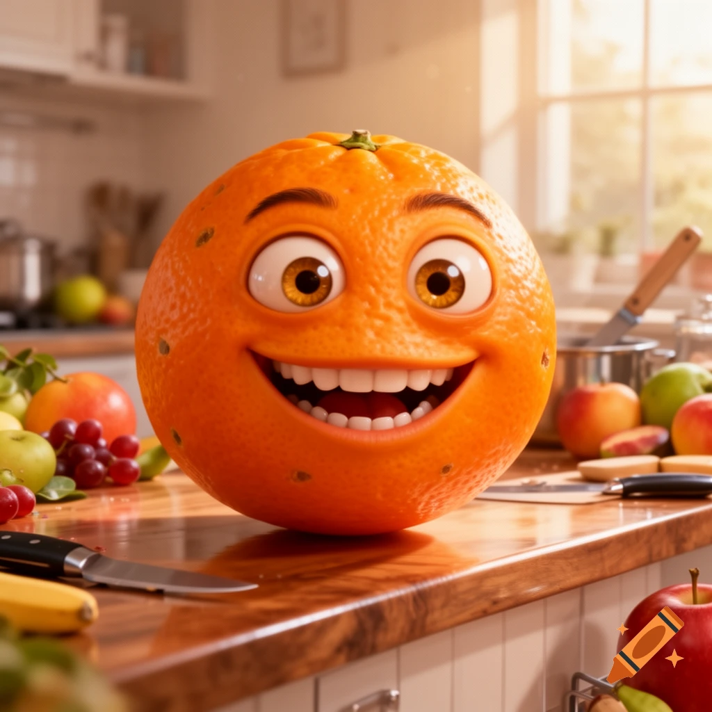 A cartoon orange with a wide smile and large eyes sits on a kitchen counter amidst various fruits.
